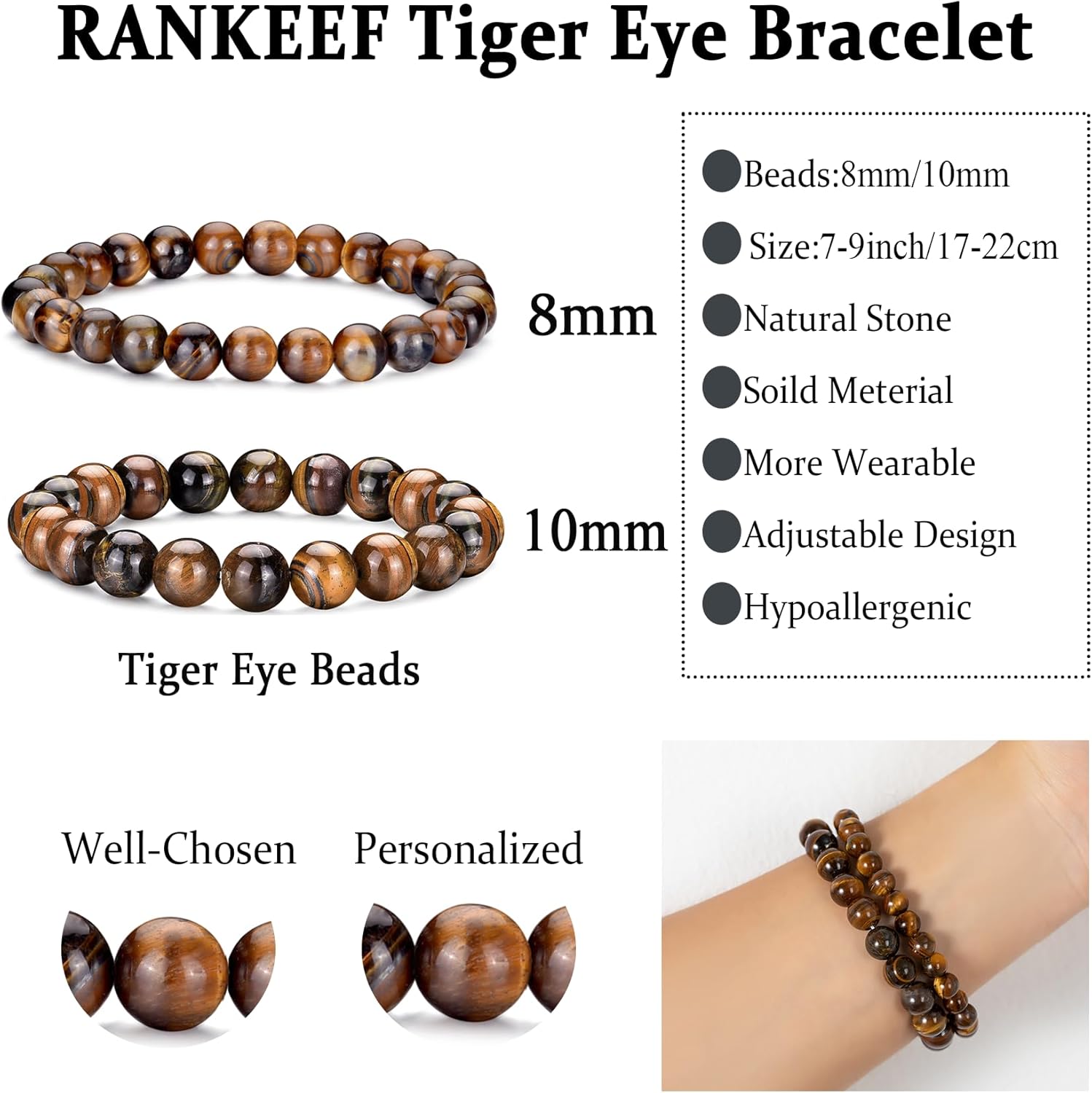 RANKEEF Mens Bead Bracelet Set - Adjustable Elastic Rope With 6&8MM Natural Stone Multi-Colored Beads - Tiger Eye Bracelets for Men - Gift - Image 3