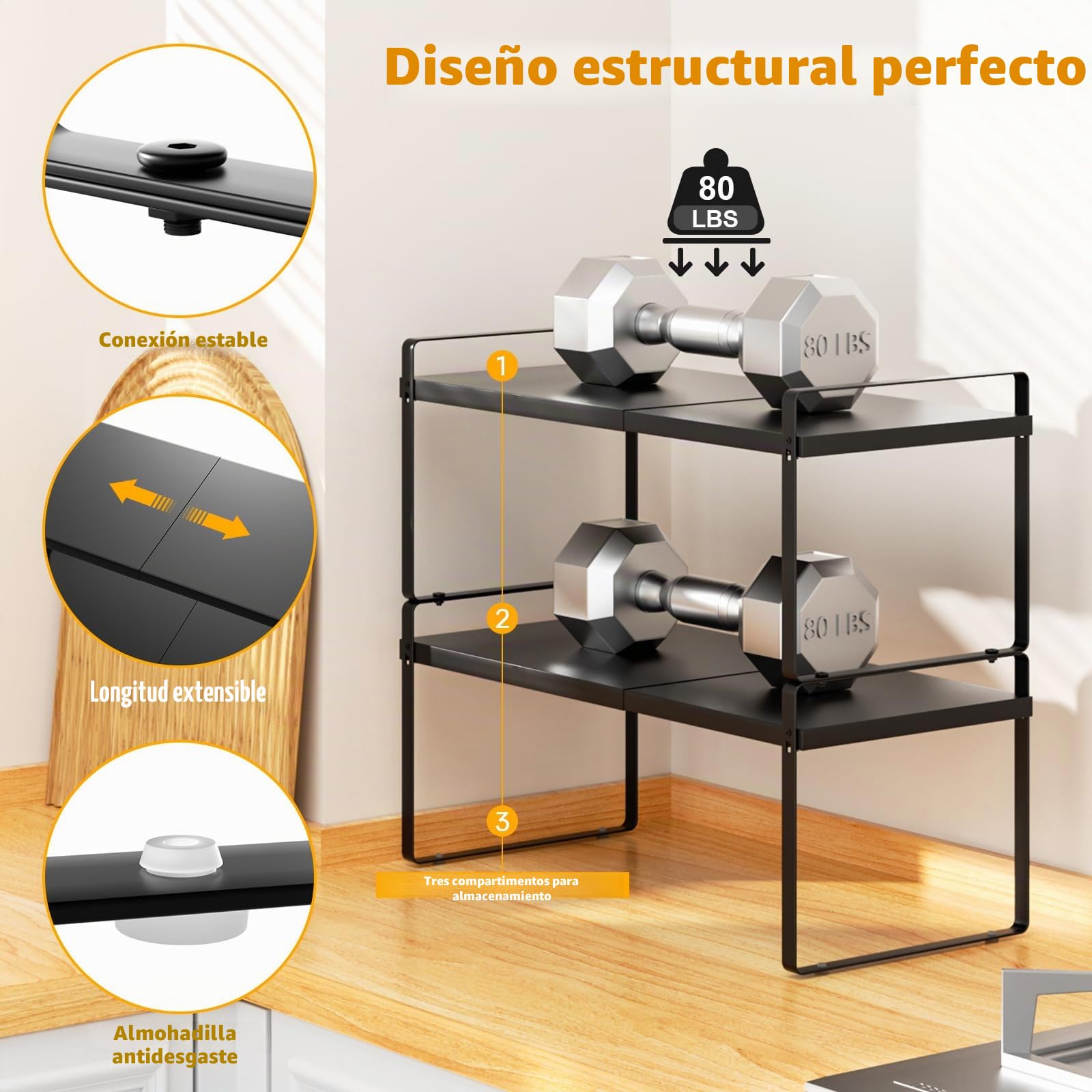 devesanter Organizador de armario de cocina ampliable, 2 unidades apilables, armario de cocina ajustable, estante para especias, adecuado para armario de cocina (negro)