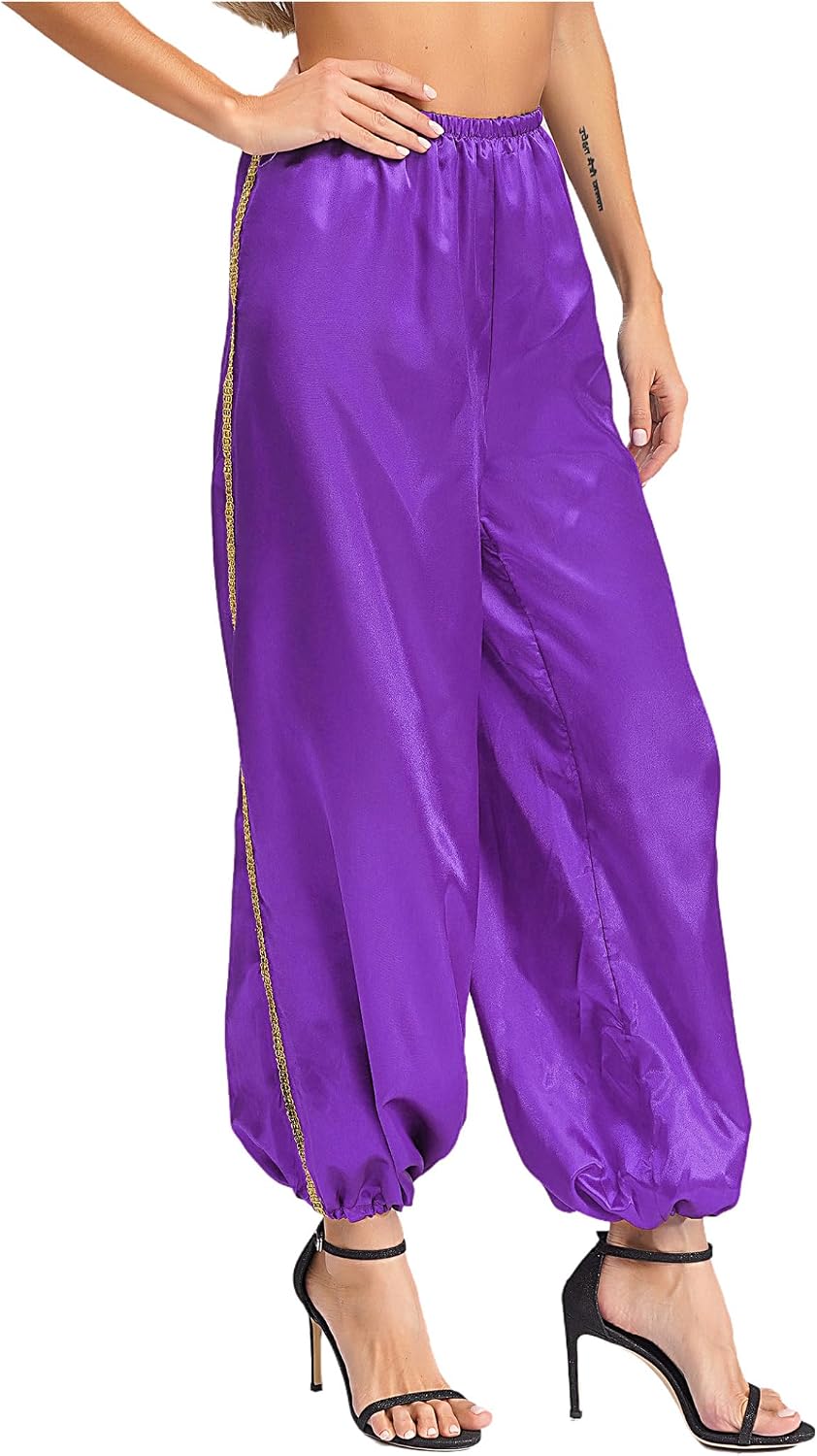 Womens Arabian Princess Cosplay Pants Belly Dance Costume Silky Satin Harem Long Pants Outfit