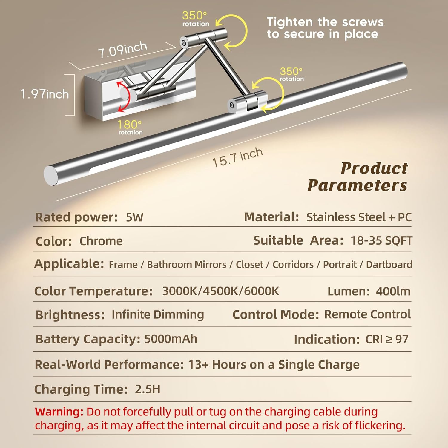 silvery picture light natural light spectrum cri 97+ with remote control, 16 inches, battery operated, 3000-6000k, cordless art wall sconce silvery 16 inch
