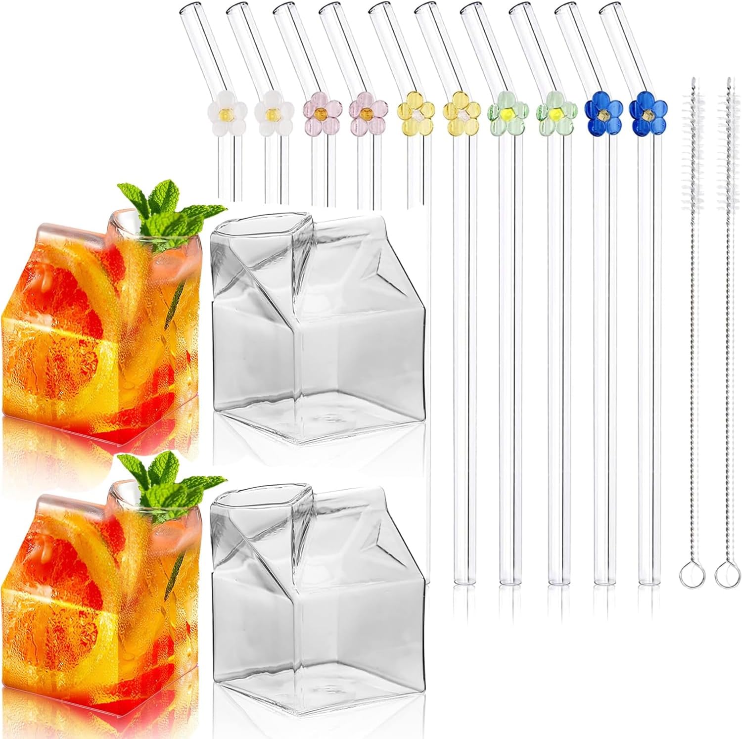 SuproBarware Bundle 10 Pcs Reusable Glass Straws with Cocktail Glasses Milk Box Shape Glasses 12oz 360ml Set of 4