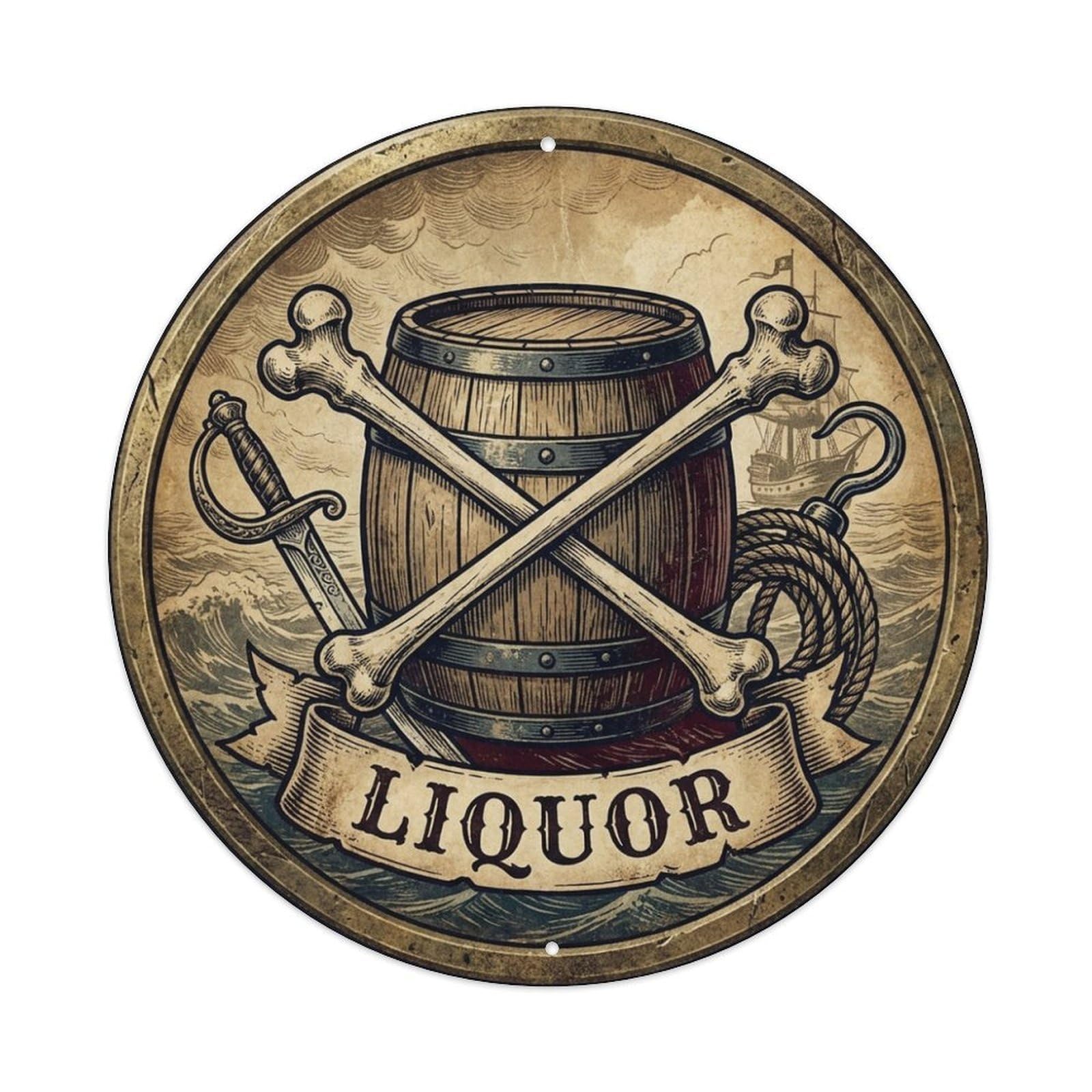 Liquor Rum Barrel Crossbones Cutlass Seafaring Mark Metal Tin Sign