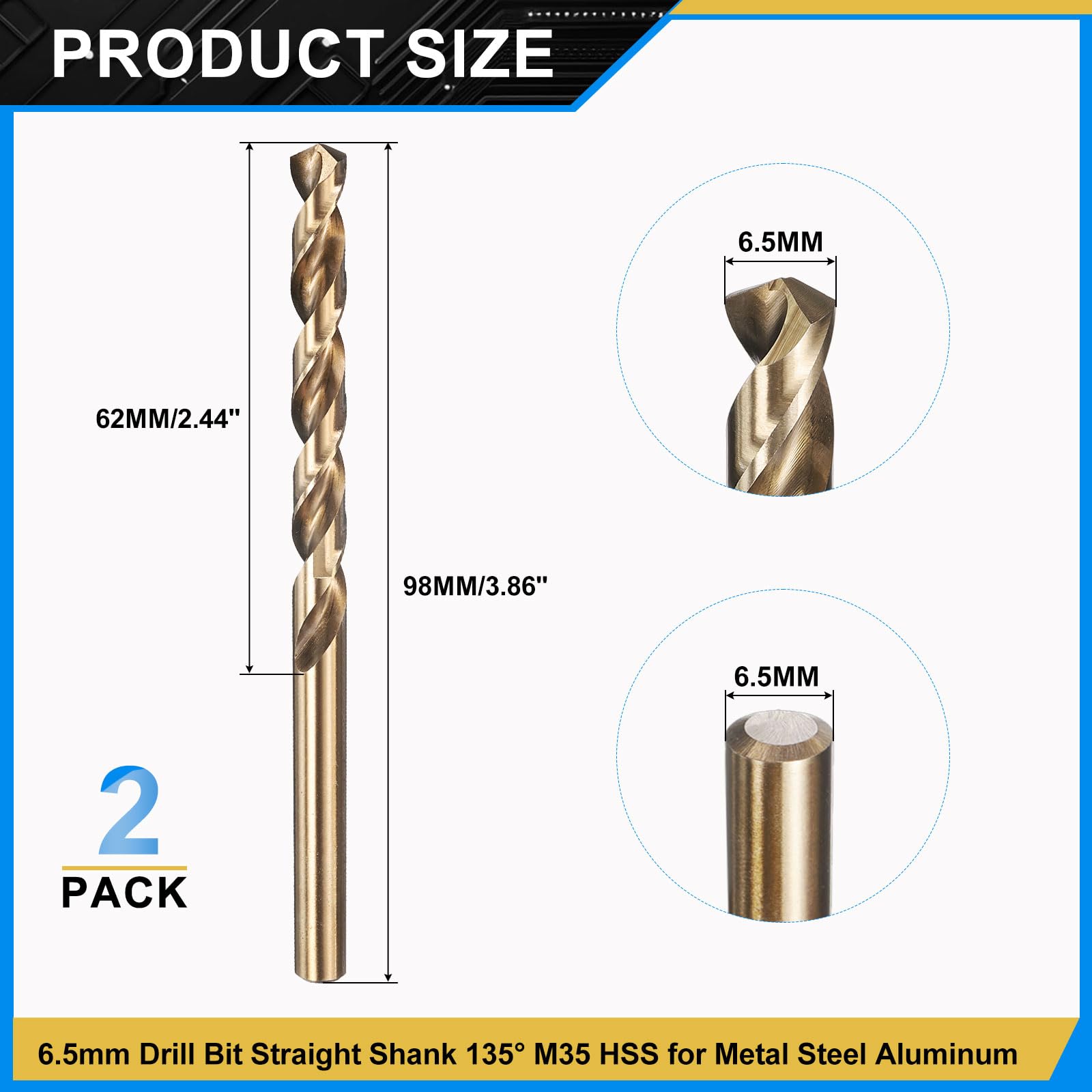 PATIKIL 6.5mm Drill Bit, M35 Cobalt 5% High-Speed Steel Jobber Straight Shank 135° Gold Finish for Stainless Steel Hard Metal - 2 Pack - Image 2
