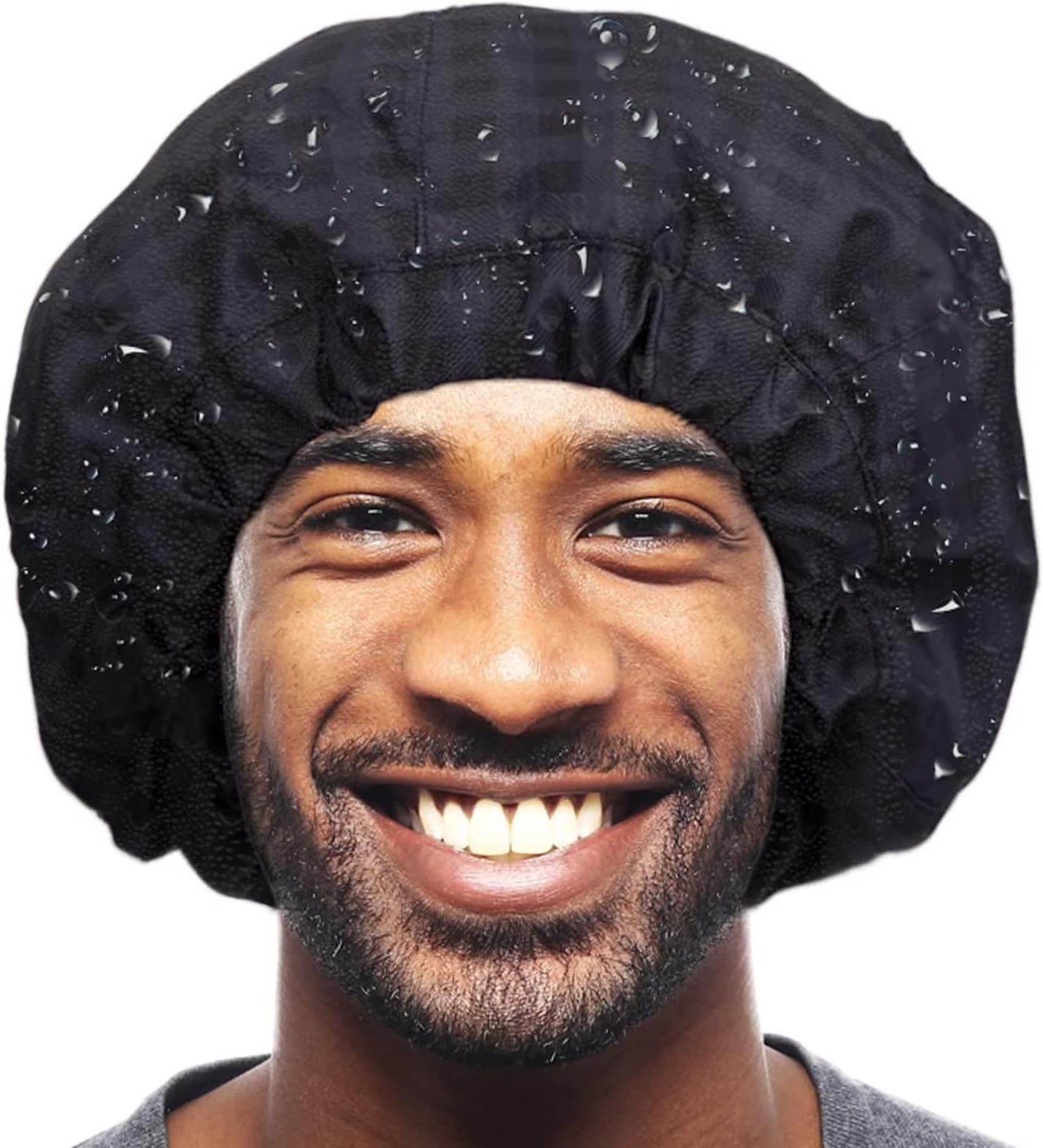 Shower Cap for Men Black Bath Cap, Reversible Large Waterproof Adjustable Shower Caps Terry Lining & Elastic Band Stretch Hem Hair Hat