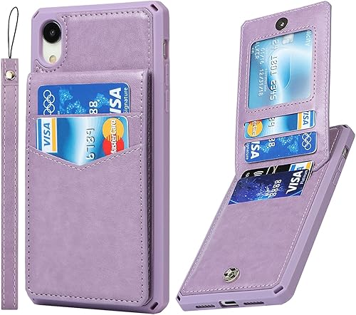 iCoverCase Funda tipo cartera para iPhone XR con soporte para tarjetas bloqueo RFID de piel sintética de alta calidad, ranuras para tarjetas,
