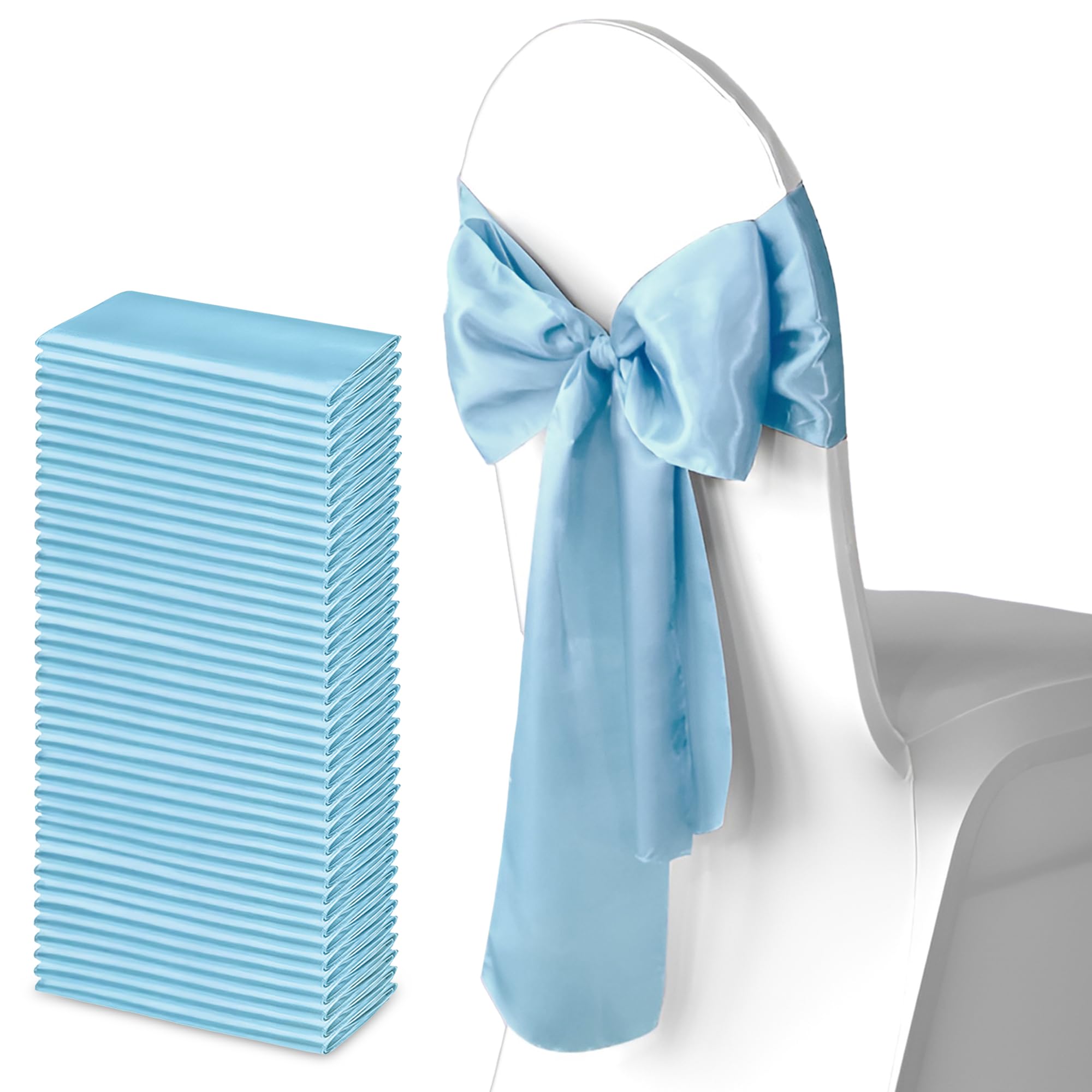 Trimming Shop 7" x 108" Baby Blue Satin Chair Sahes, 50 pcs