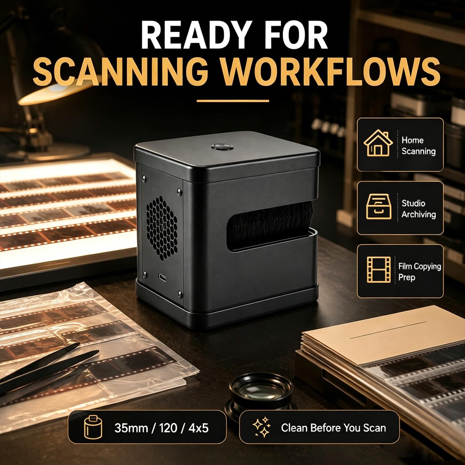 Limpiador eléctrico antiestático para Negativos, Cepillo motorizado con 8 Filas de cerdas de Nailon extraíbles de Doble Cara, para copiado y Archivo Digital de Negativos de 35 mm, 120 y 4x5(Silver)