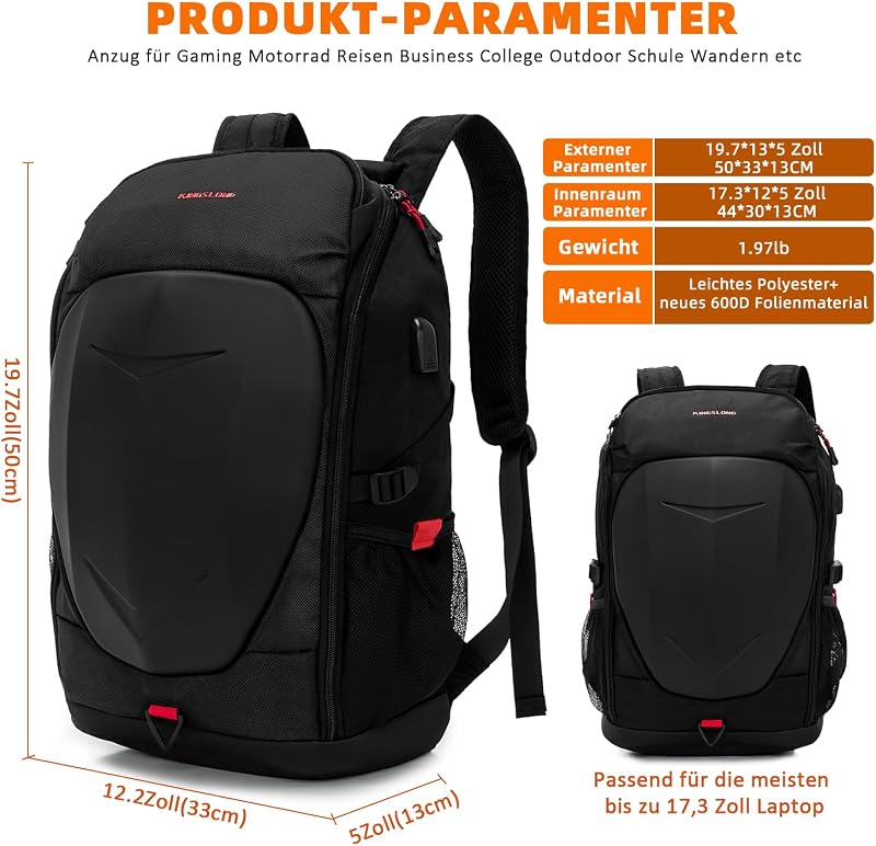 KINGSLONG Vízálló Laptop Hátizsák 15-17,3" - Kemény Héjú Motoros Hátizsák USB Porttal, Gamer és Utazó Táska, Fekete