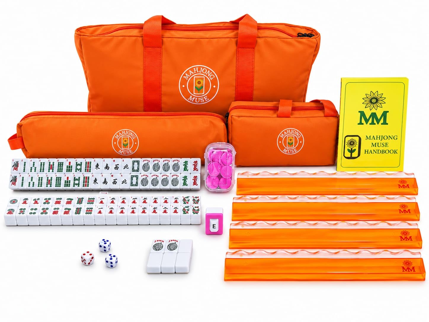 American Mahjong Tile Set, 166 Premium White Engraved Tiles, Dice, Wind Indicator, English Manual 4 All-in-One Color Rack/Pushers, Complete Mahjong Game Set with Carrying Bag (Orange)-image-49