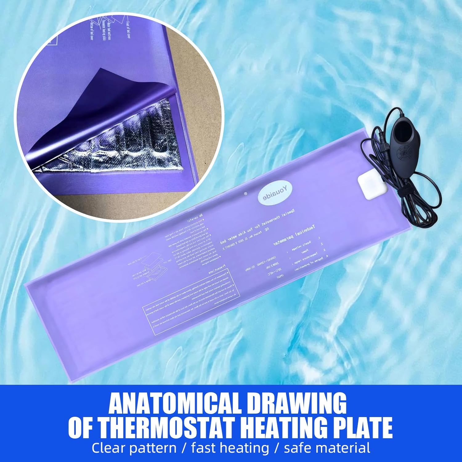 Smart Waterbed Heater with LED Digital Controller, 250W Waterbed Heating Pad for Hardside & Softside Beds, Safe and Durable, For King, Queen, Full and Twin