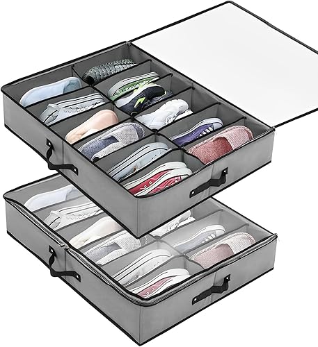 BRANDEGY Organizador de almacenamiento de zapatos debajo de la cama, juego de 2, se adapta a 24 pares, solución de almacenamiento de zapatos debajo