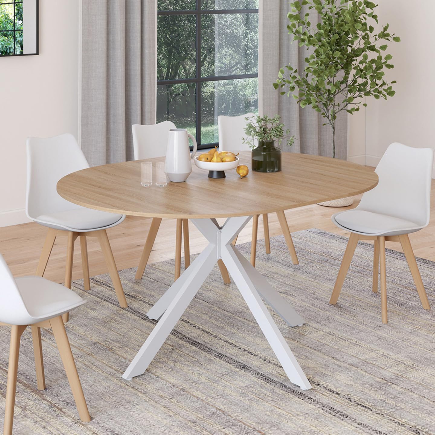 IDMarket - ALIX Tavolo da pranzo rotondo allungabile per 4-8 persone con gamba in legno e ragno bianco 110-150 cm