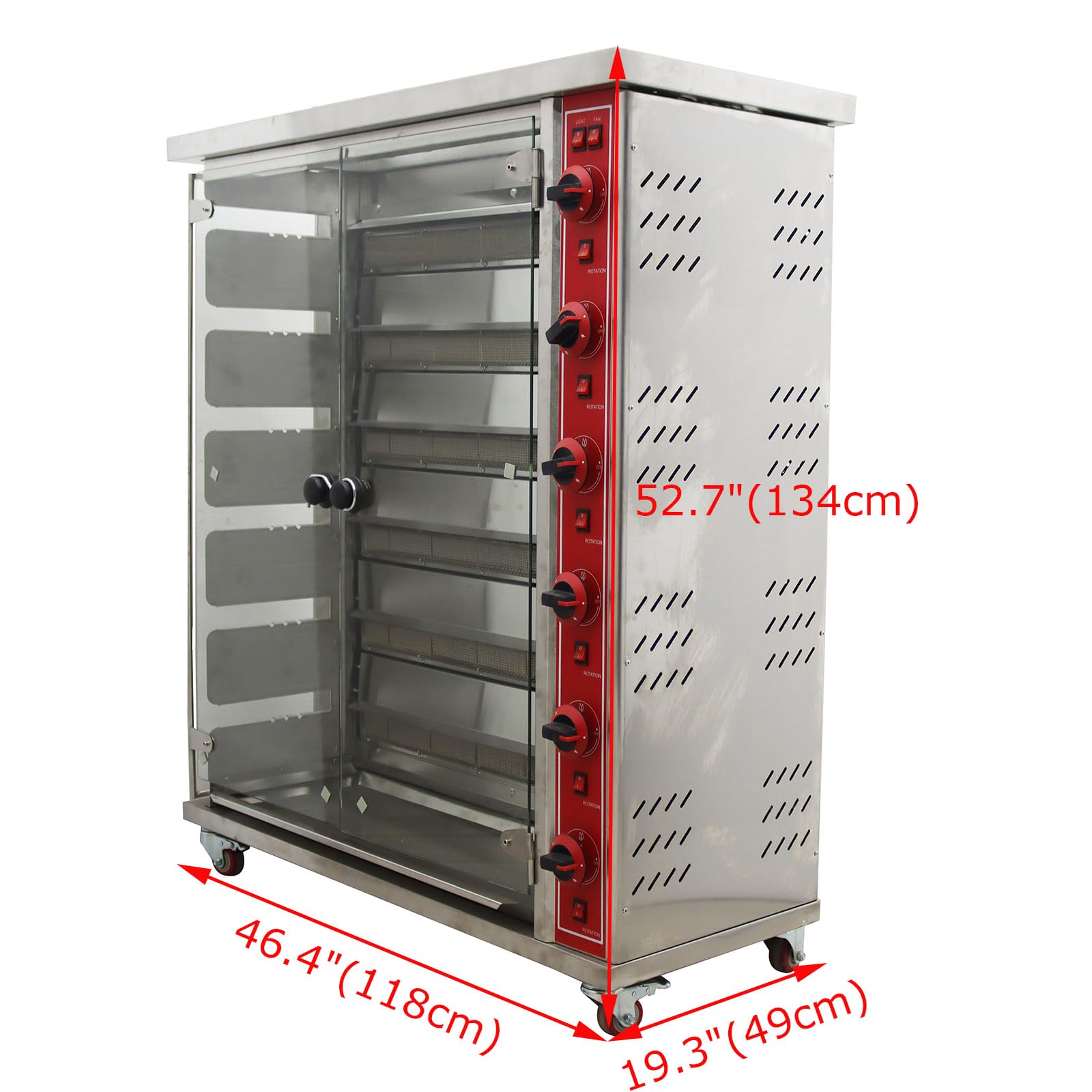 WYDDDARY 6-Roller Vertical Gas Chicken Roaster Oven Commercial Stainless Steel Rotary Chicken Rotisserie Machine Adjustable Firepower with Six Burners Six Brochettes 110V