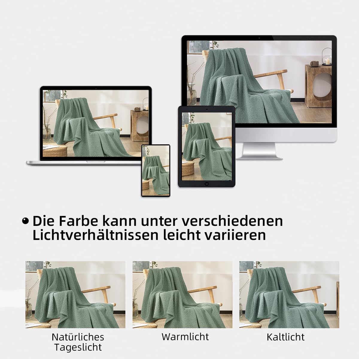 CHUFFED 100% Baumwolle Decke 130 x 150 cm Waffelmuster Tagesdecke Sofadecke Grün
