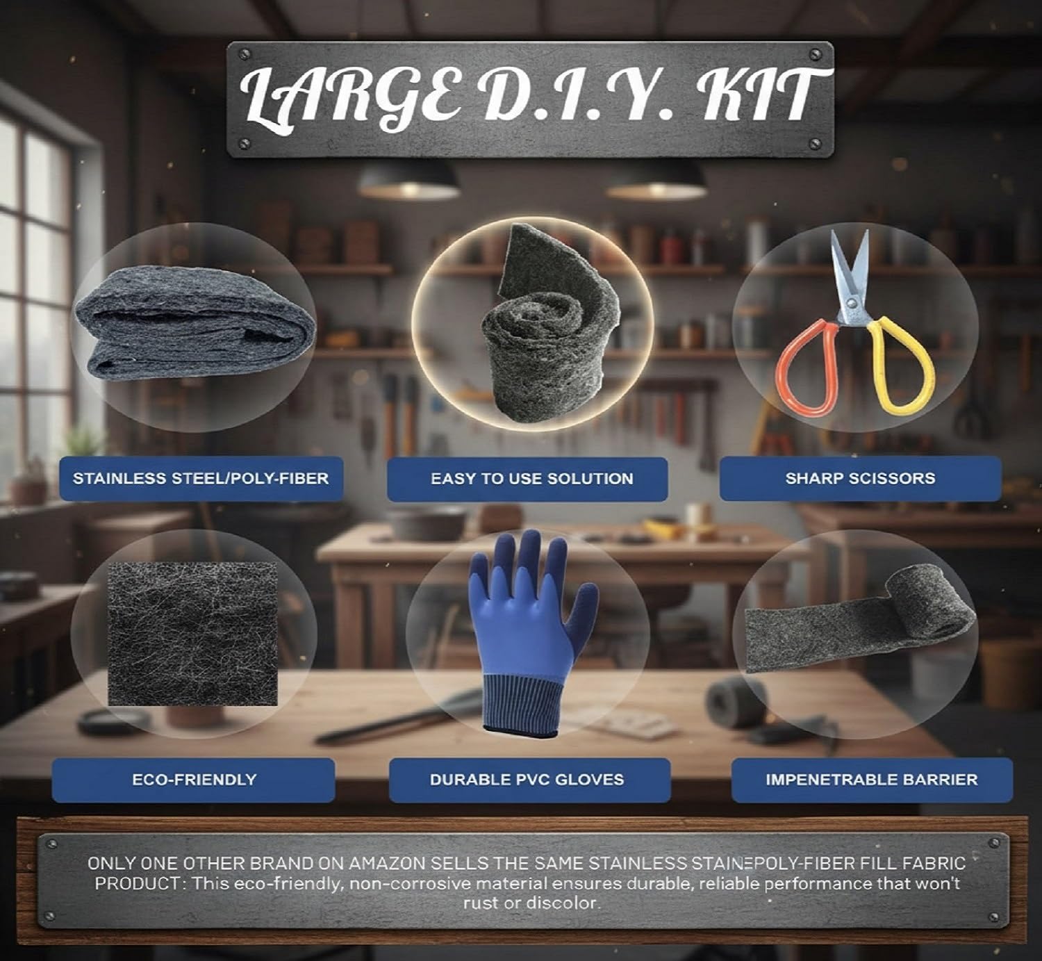 Fill Fabric Rust Proof Stainless Steel Wool Poly Fiber, Large DIY Kit, 1 4in. x 5ft. Roll, Quality Gloves, and Quality Scissors Fill Gaps/Holes