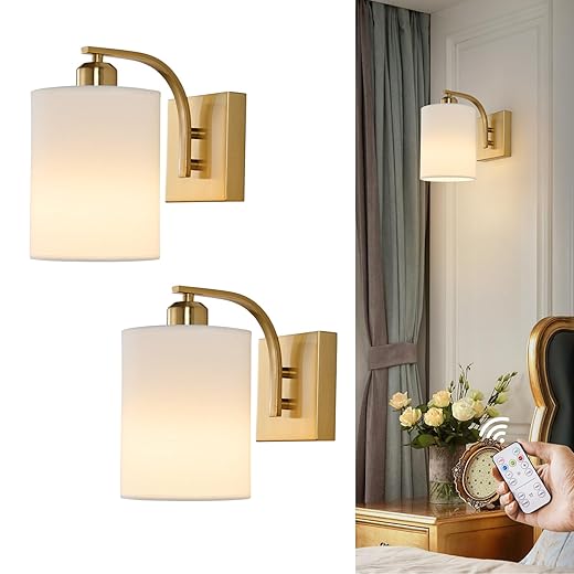 Gold Rechargeable Battery Operated Wall Sconces Set of 2 with Remote, Wireless Dimmable Battery Powered LED Wall Lights, Cordless Wall Lighting Lamp Fixture for Bedroom Living Room