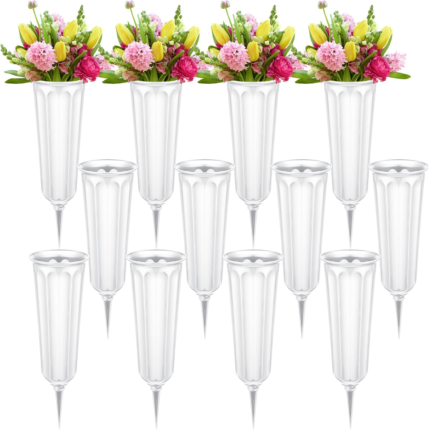 12 Pcs Plastic Cemetery Vases with Spikes Memorial Flower Vase Cemetery Grave Flower Holder Ground Vases with Stakes for Artificial Fresh Flowers Lawn Headstone Graveside Decoration (White)