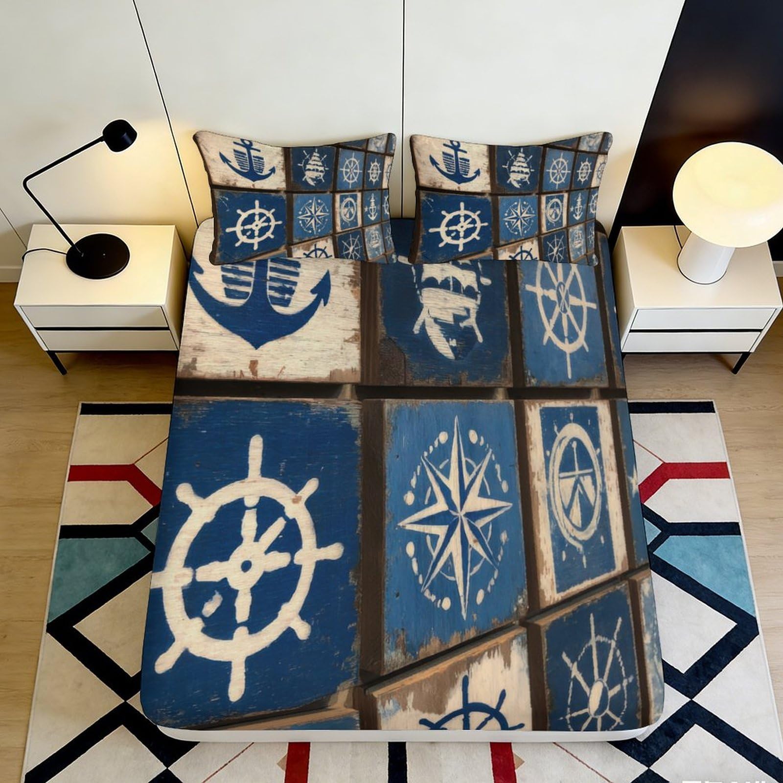 3D Printed Nautical Compass Fitted Sheet Microfiber Blue Anchor Mattress Cover for Bedroom Dorm Protection Decor 90x200x25cm