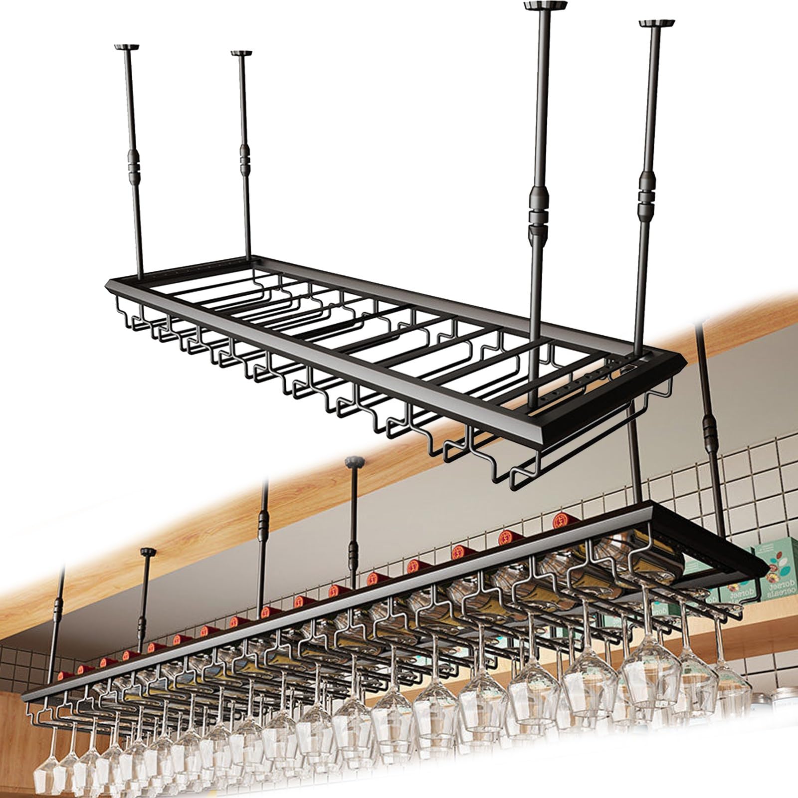 ASYJVWYZ Suspended Wine Rack Holder, Black Adjustable Ceiling Wine Bottle Storage Shelf, Heavy-Duty Metal Bar Organizer For Home(Style A,100x30cm/39x12in)