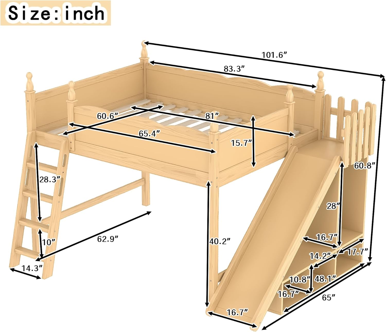 Bellemave Queen Loft Bed with Slide and Storage Shelves and Ladder for Kids, Wood bunk Beds for Boys Girls, Natural