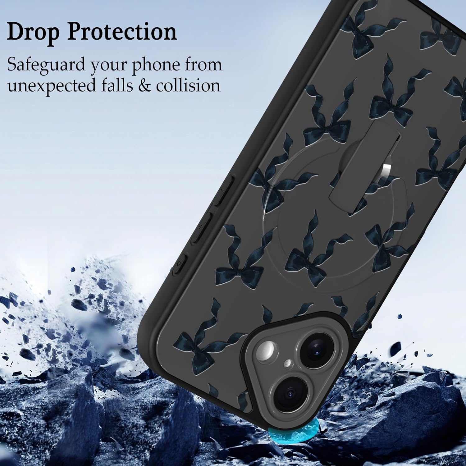 Fiyart Designed for iPhone 16 Case with Strap Kickstand Cute Bowknot for Women Girls Slim Fit Ribbon Bows Pattern Wrist Band Cover Compatible with Magsafe TPU Hard PC Back Shockproof 6.1"- Black