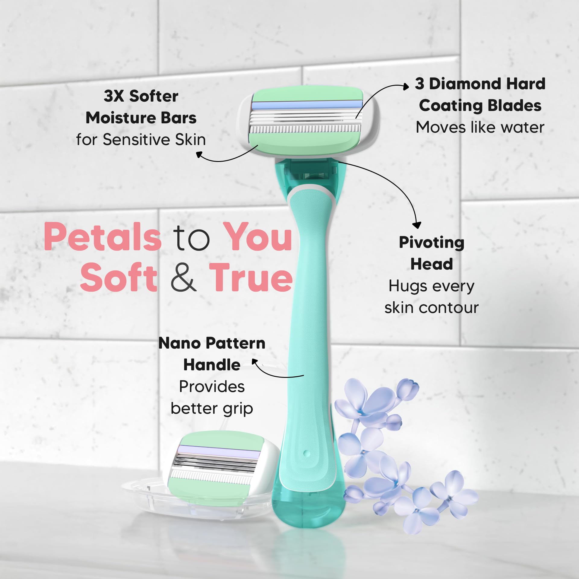 LetsShave Evior 3 Senstive Razor Blade Refills for Women (Pack of 4) | Dual Moisture Bar infused with Aloe vera | Bikini Area & Full Body Hair Removal Blades 1
