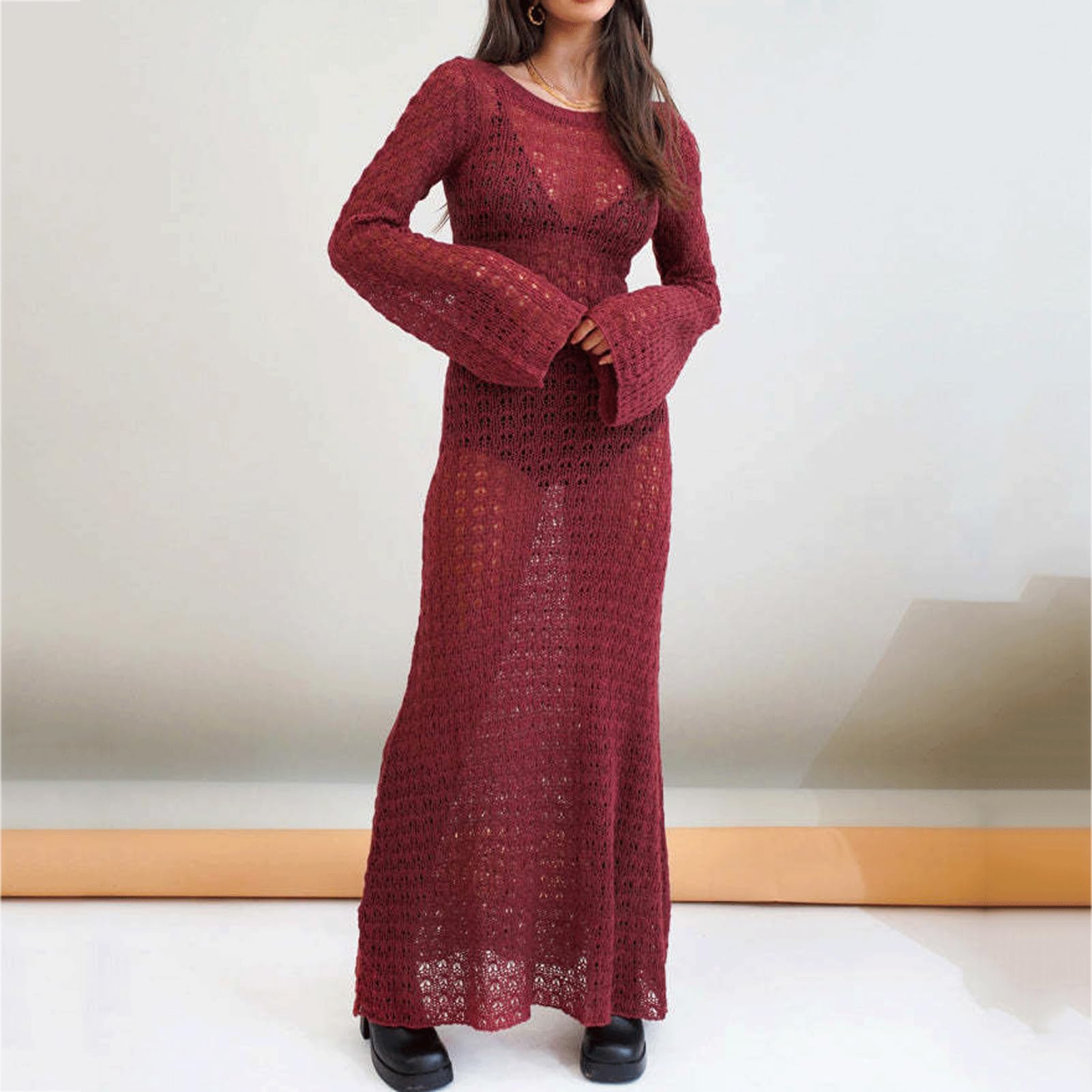 Amazon.com: XMHSSFF Women Y2K Long Sleeve Crochet Maxi Dress Hollow Out  Cover Ups Bodycon Mini Beach Dresses Maxi Long Dresses : Clothing, Shoes &  Jewelry