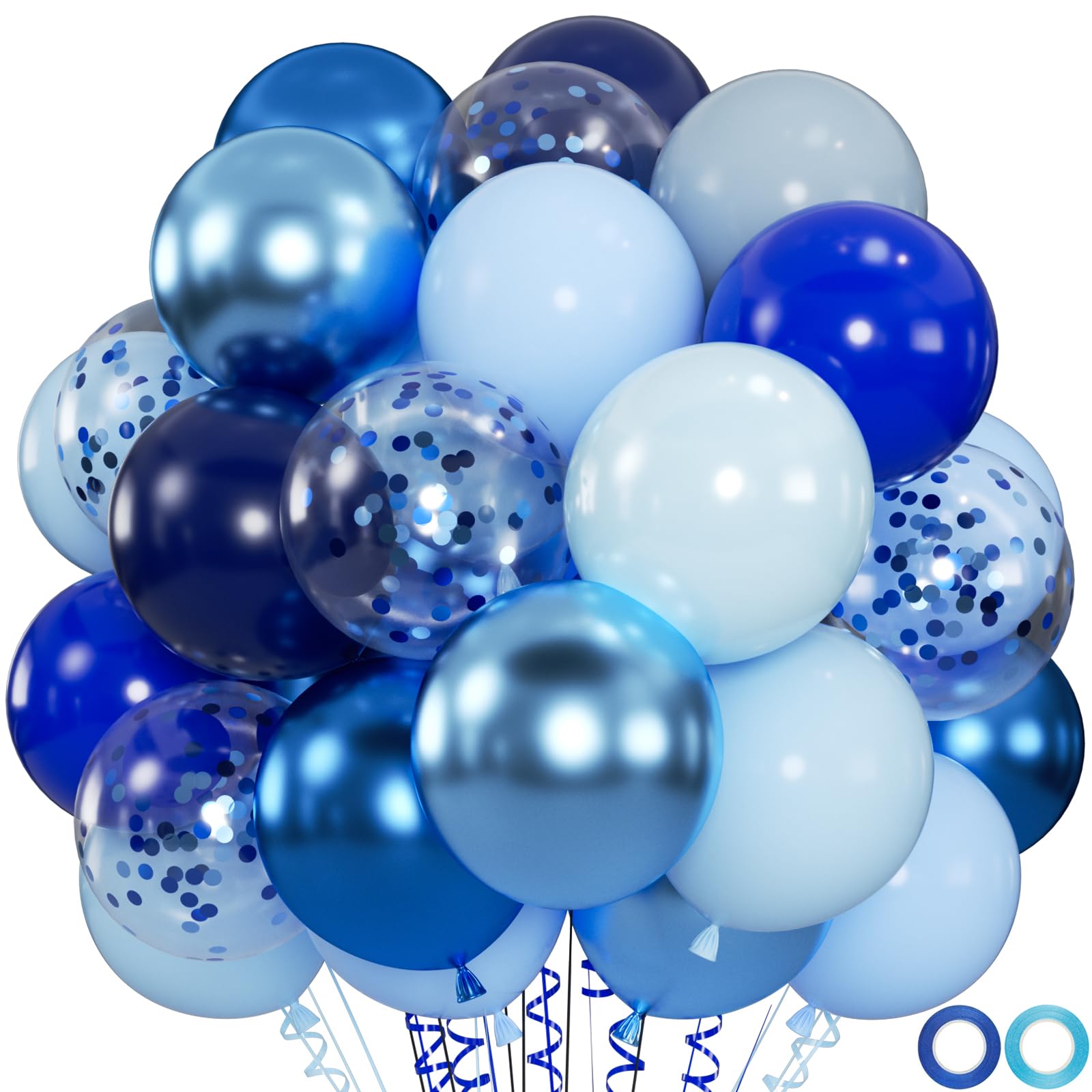100pcs Blue Balloons - 12inch Metallic Royal Navy & Pearl Blue Balloons with Confetti for Birthday Baby Shower Graduation Party Decorations (with 66ft