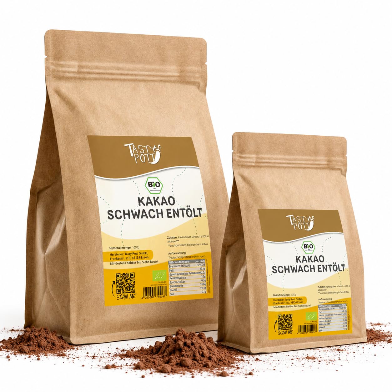 Tasty Pott Bio Kakao, schwach entölt I Kakaopulver I Zum Backen I Schokokuchen I Müslibowl I Vegane Küche I Intensiver Geschmack I Im Beutel 1000g (2x1000g)