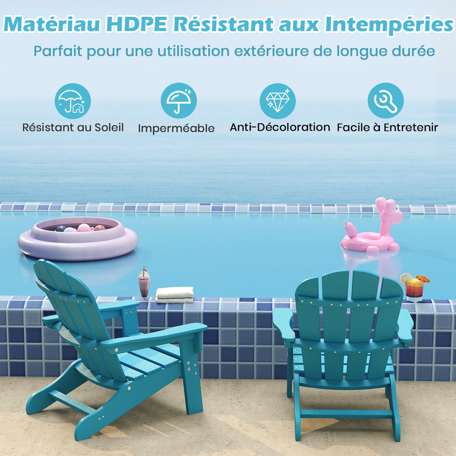 DREAMADE Chaise Adirondack Enfants Imperméable, Chaise de Camping en HDPE avec Dossier Haut et Accoudoirs,Fauteuil de Jardin d'Intérieur et d'Extérieur (Bleu,1 Piece)