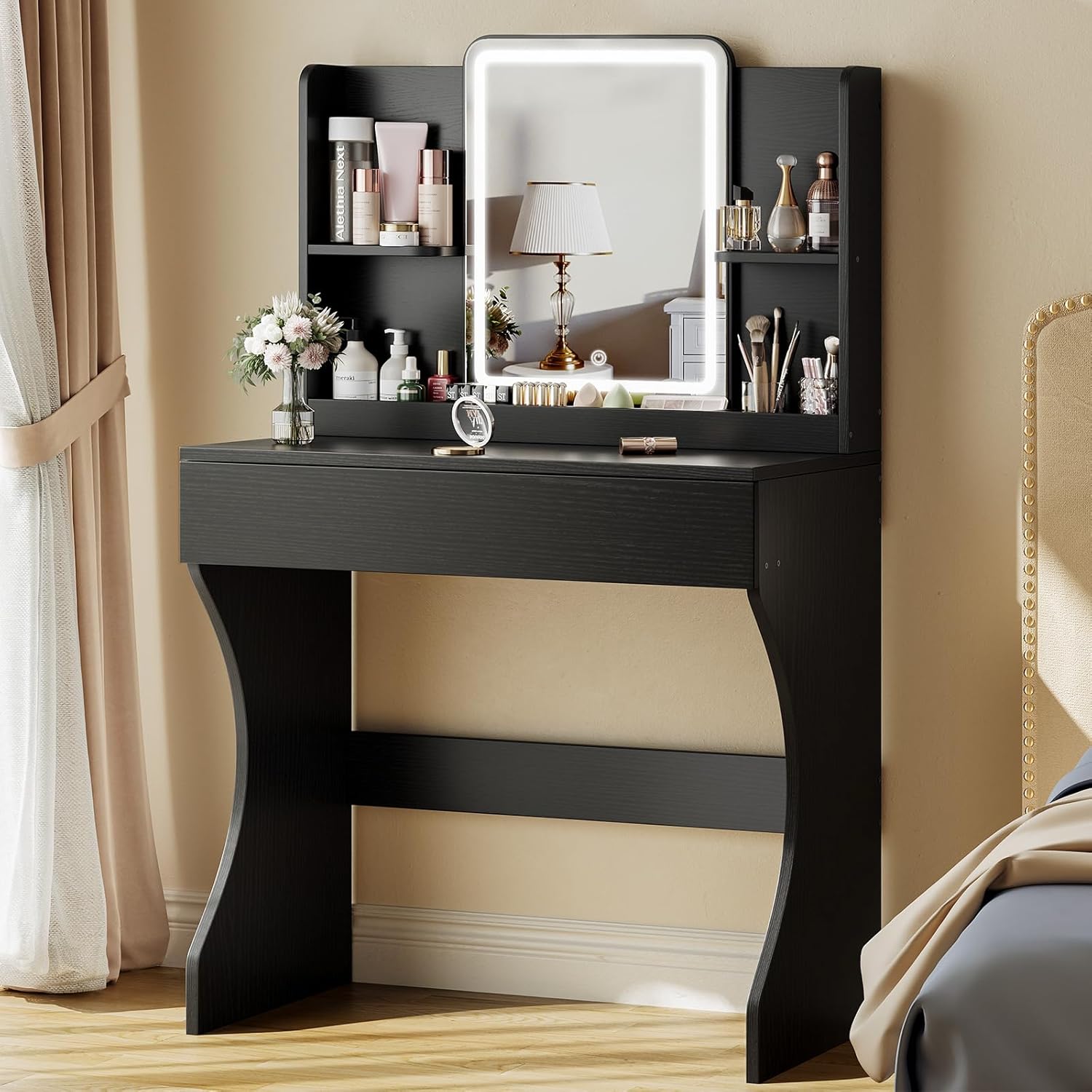 Driftalia Small Vanity Desk with Mirror and Lights, Makeup Vanity with Storage Drawer, 2 Shelves and 3 Compartments - Black
