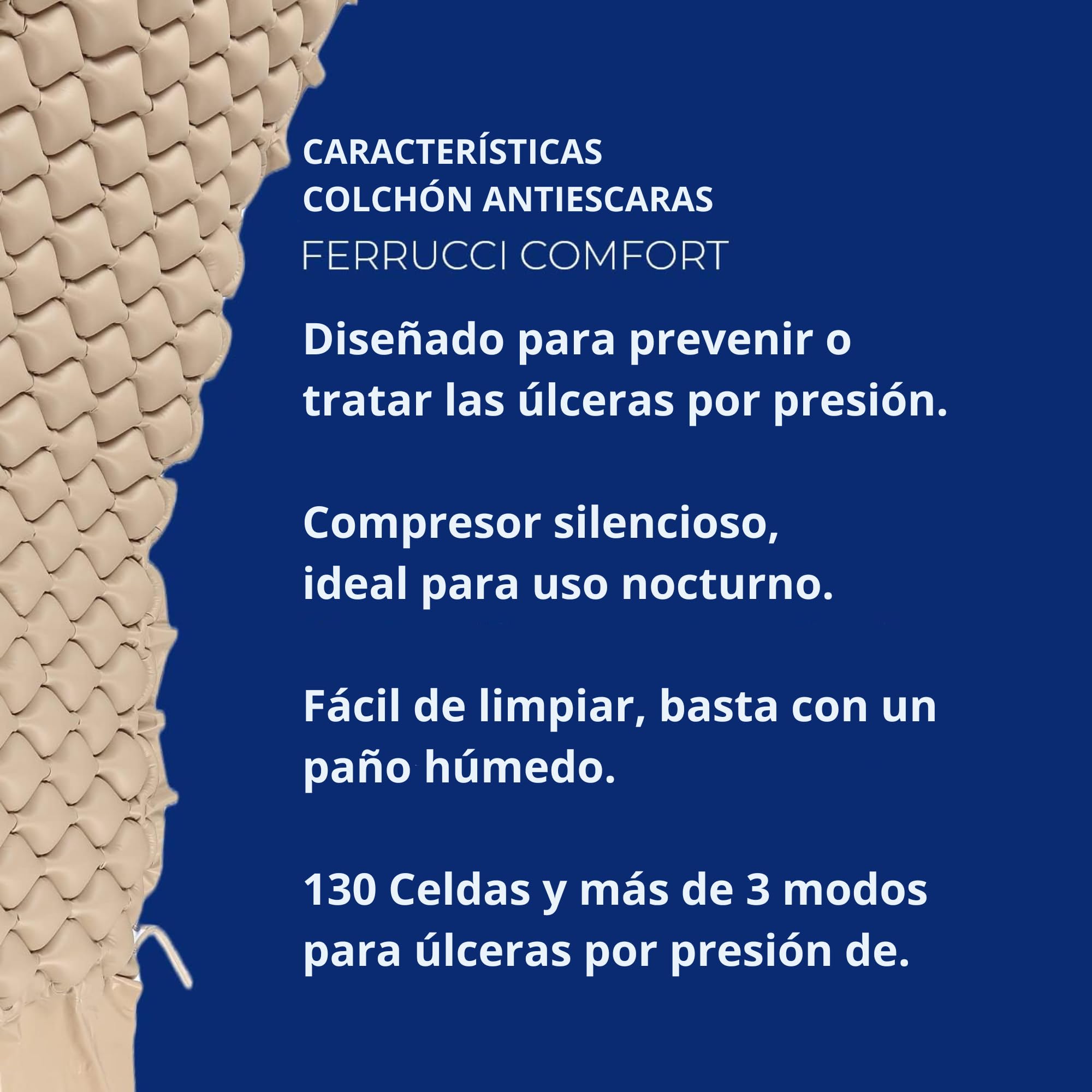 FERRUCCI COMFORT Colchón Antiescaras de Aire Alternante, con Motor Compresor Silencioso, PVC Médico ignífugo, para Escaras Grado 1, 200 x 90 x 7 cm, DM1 130 Celdas, Marca CE