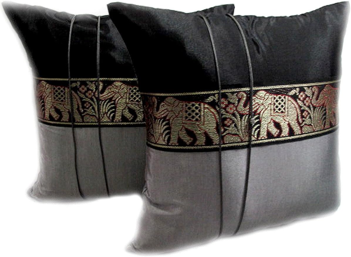 Presents. One Pair Green Big Elephant Stripe Throw Cushion Cover/Pillow Case Thai Silk for Decorative Sofa, Car and Living Room Size 16 X 16 Inches