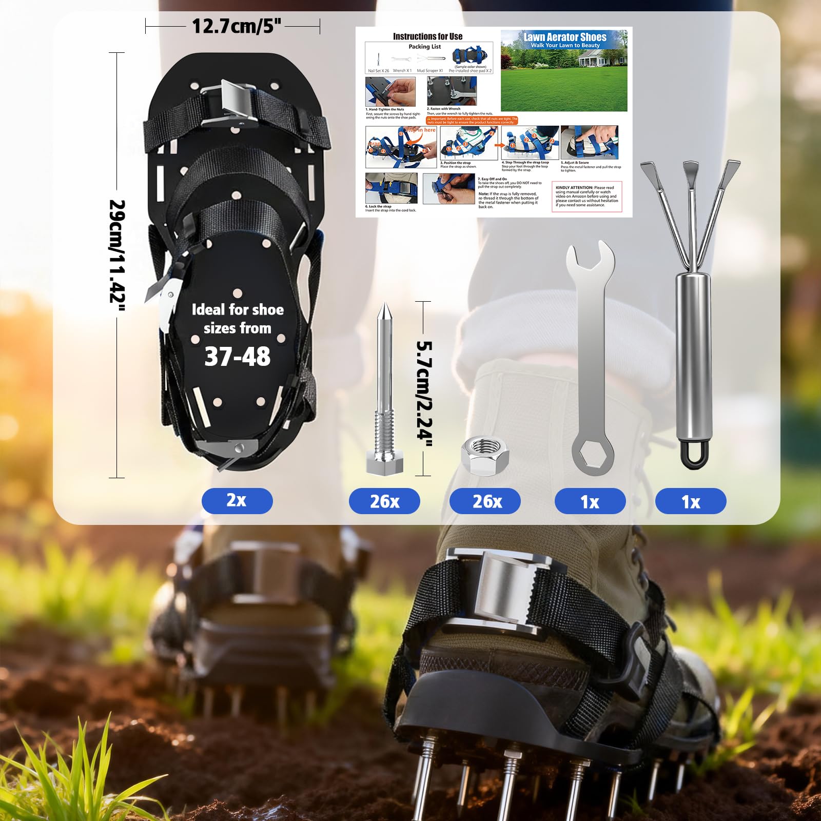 Lawn Aerator Shoes Upgraded Heavy Duty Metal Buckle Soil Spike Aerating Shoe Adjustable Straps Universal Size Scarifier Mud Shovel Lawns Tool for Yard Patio Garden, Nail 2.24"/5.7cm (Black) — view 7