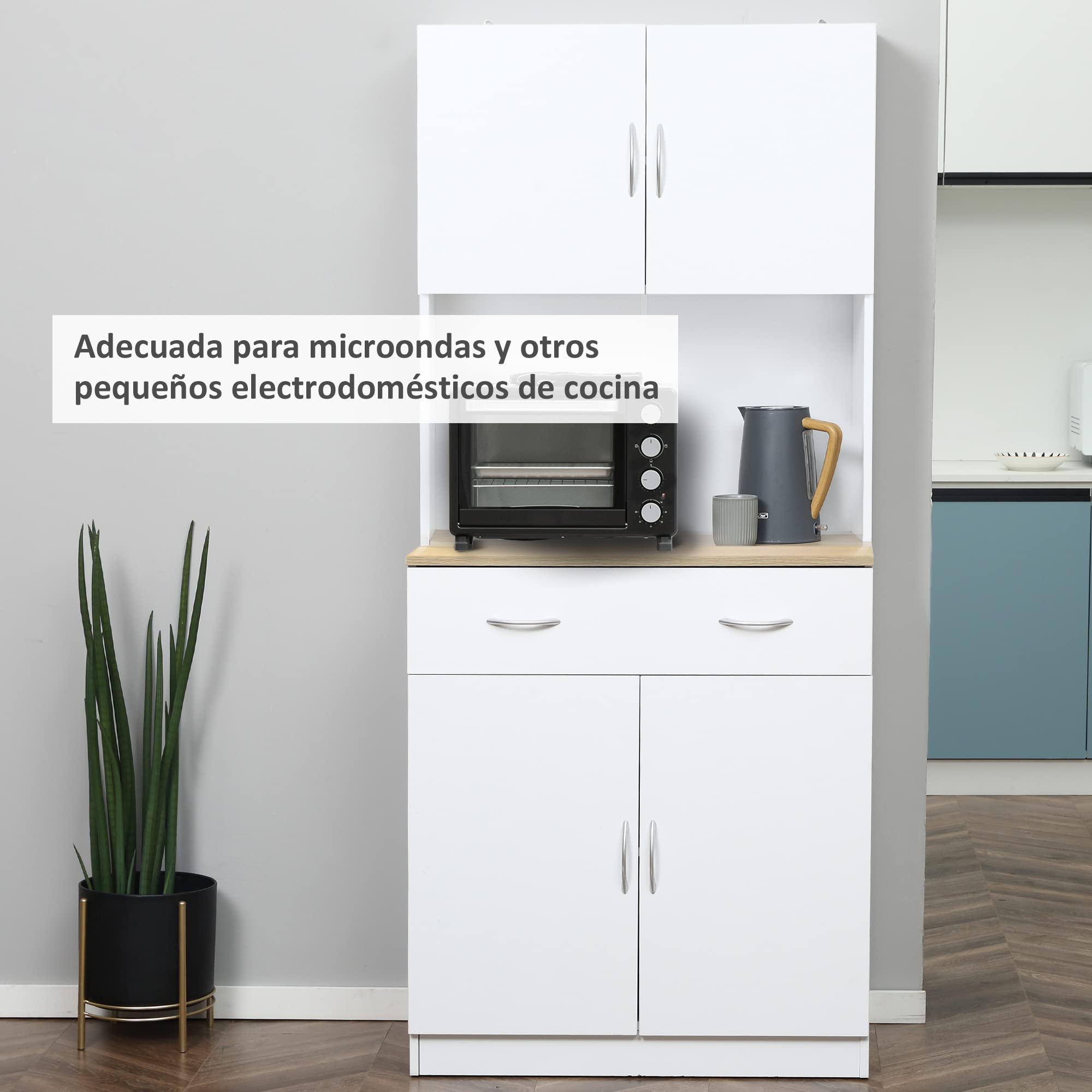 HOMCOM Alacena de Cocina Mueble Auxiliar de Cocina con Puertas Cajón y Estantes Ajustables Antivuelco para Comedor Salón 80x40x180 cm Blanco