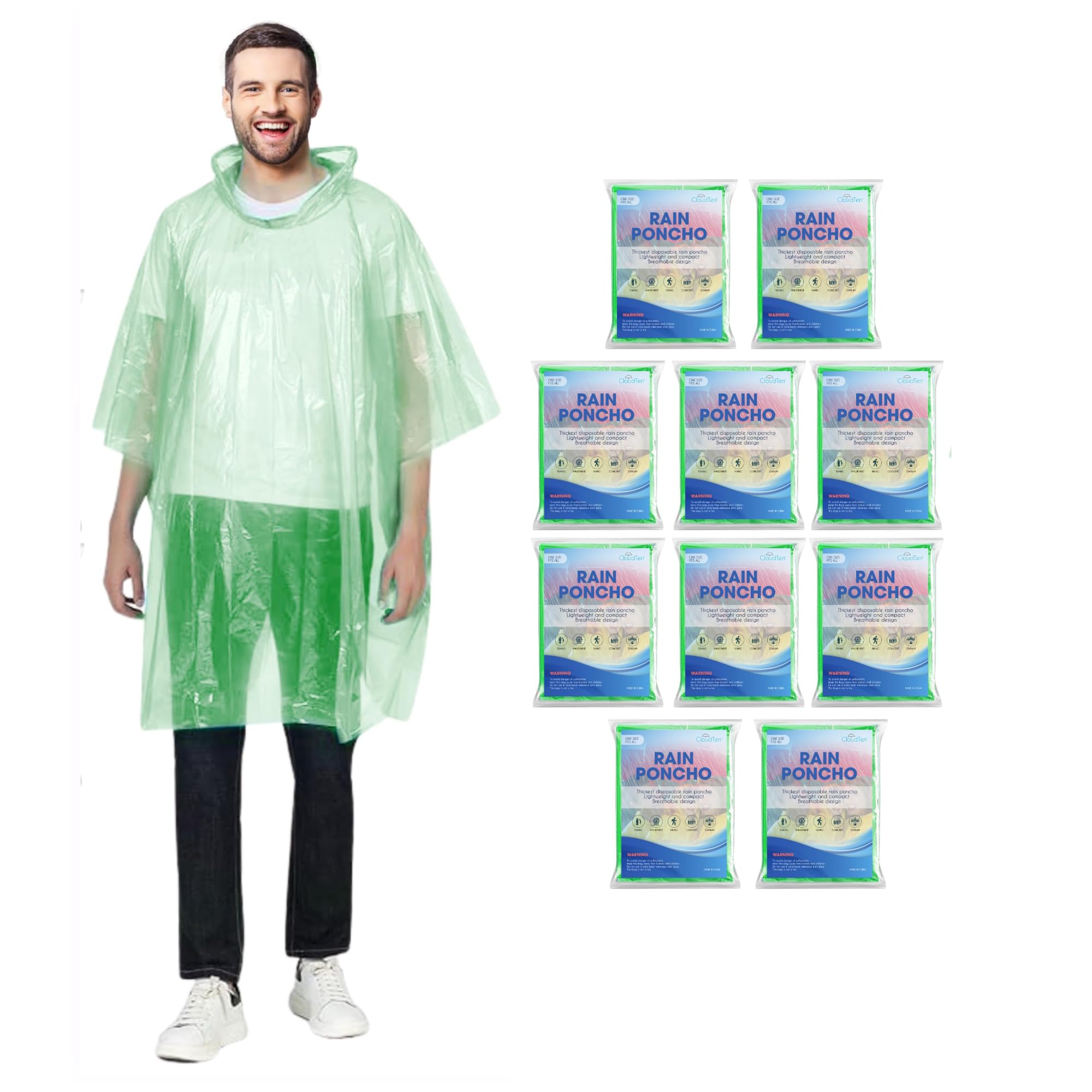 CloudTen Compact and Disposable Rain Ponchos for Adults (Green (10 Packs))