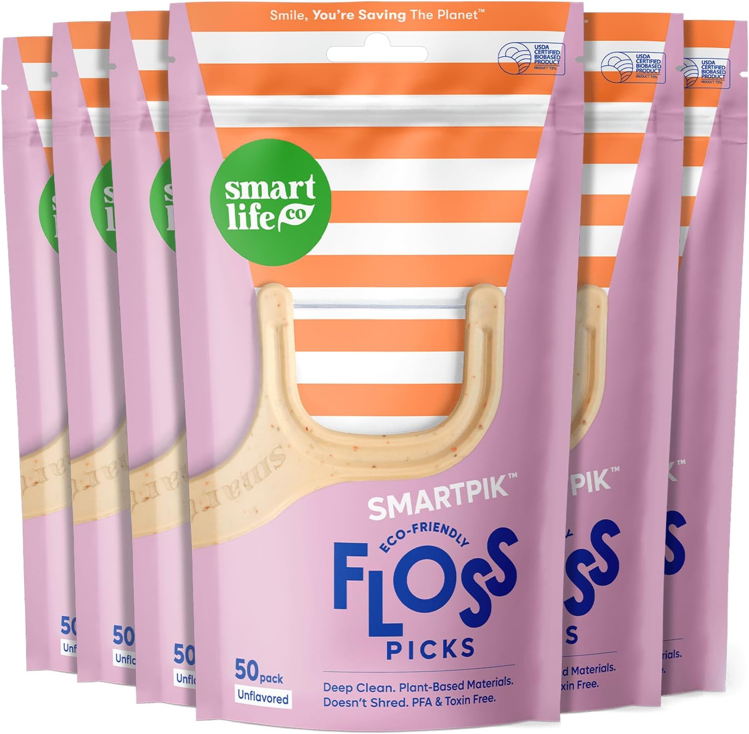 SmartLifeco Biodegradable* Dental Floss Picks – Eco-Friendly Tooth Flosser for Adults & Kids | Straw Wheat Unwaxed Floss | Toothpick Stick Soft On Gum & Teeth | Compostable*, Vegan, Unflavored 300ct