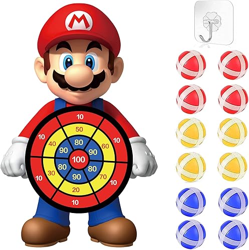 Tablero de dardos Super Bros de 19 pulgadas con 12 bolas adhesivas y ganchos para decoración de fiesta de cumpleaños de dibujos animados..