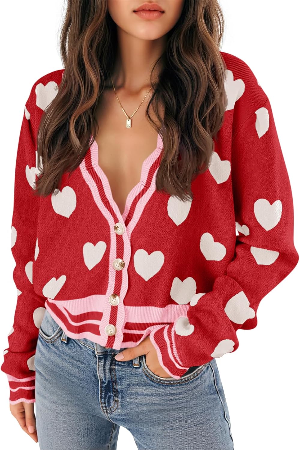Saodimallsu Womens Cute Heart Cardigan Sweaters Button V Neck Long Sleeve Color Block Knit Valentines Sweater