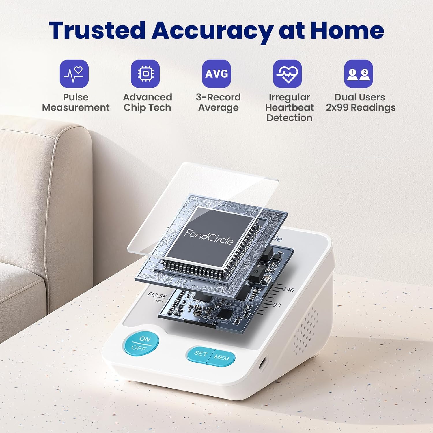 Blood Pressure Monitor, FondCircle Upper Arm Blood Pressure Monitor for Home Use, Stores 2x99 Readings, Bluetooth Enabled with 8.6"-16.5" Cuff, Large Backlit Display, Data Sync App for iOS & Android