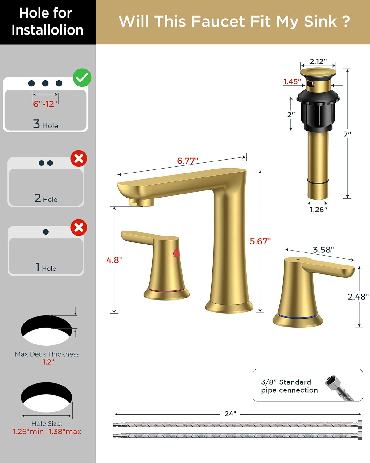 FORIOUS Gold Bathroom Faucet 3 Hole, Two Handle Gold Faucet for Bathroom Sink 3 Hole with Metal Pop-up Drain, cUPC Supply Lines and 1.2GPM Spare Aerator, for Vanity Sink Taps and Commercial Sinks