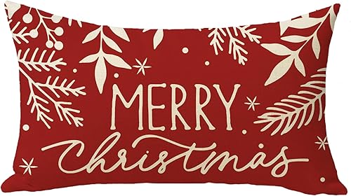 Funda de almohada decorativa lumbar con texto en inglés "Merry Christmas", rectangular, color rojo, bayas, hojas, decoración de invierno,