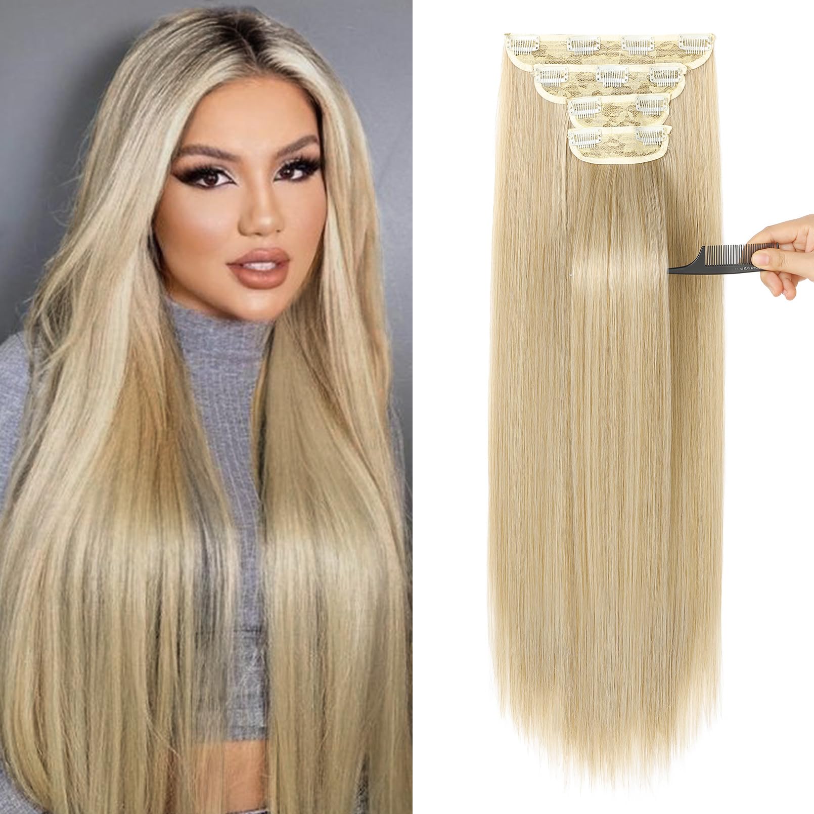REECHO 28" Straight Long 4 PCS Set Thick Clip in on Hair Extensions - Medium Blonde