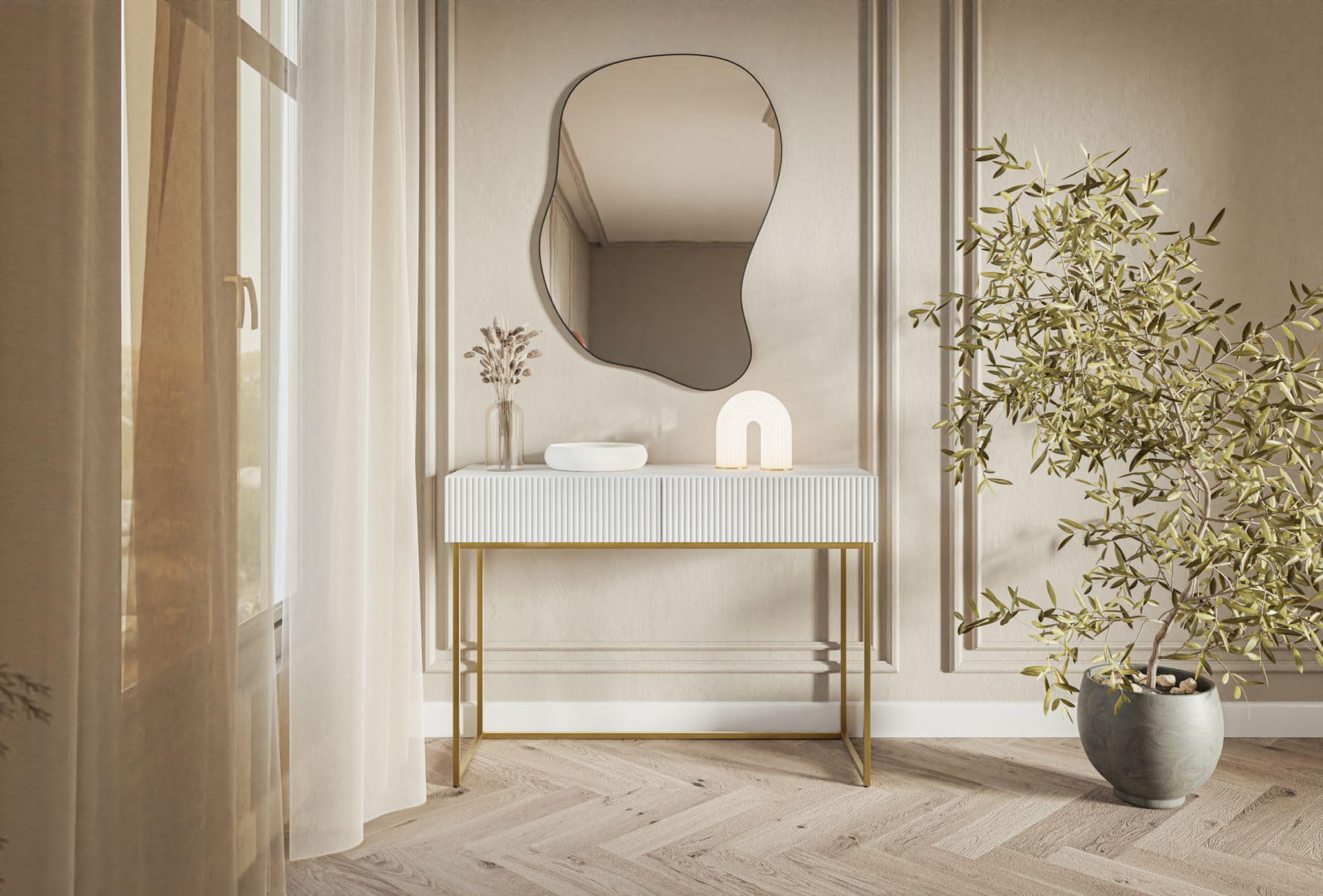 Selsey Toeletta Da Trucco Con 2 Cassetti 110 x 79 cm Con Gambe Dorate Tavolo Da Trucco Postazione Trucco Bianco Veldio