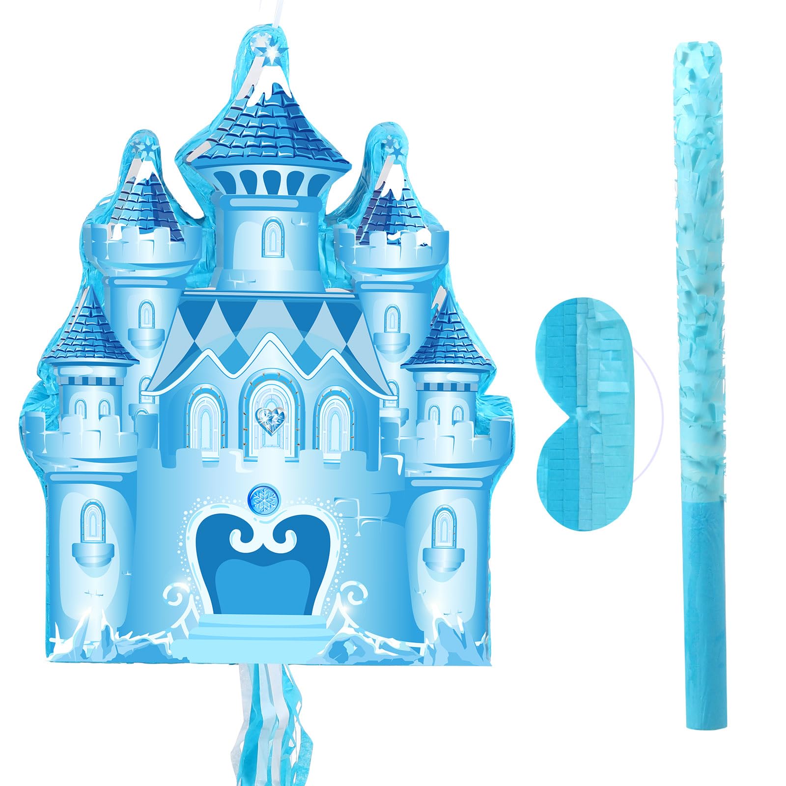 Harrycle Winter Piñata Christmas Wonderland Themed Piñata with Blindfold Bat for Christmas Princess Winter Theme Birthday Party Supplies Decorations(Blue,Castle)
