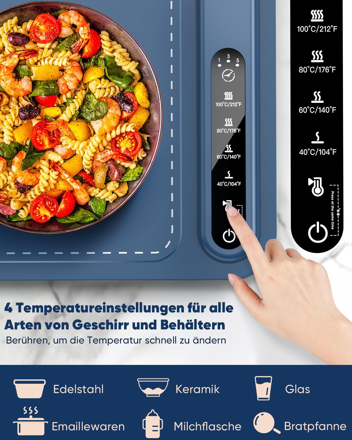Lureshine Warmhalteplatte elektrisch mit 4 Temp.-Stufen & 1/3/5h-Timer,Rasch heizende Wärmeplatte essen,Speisenwärmer zum Aufwärmen & Auftauen