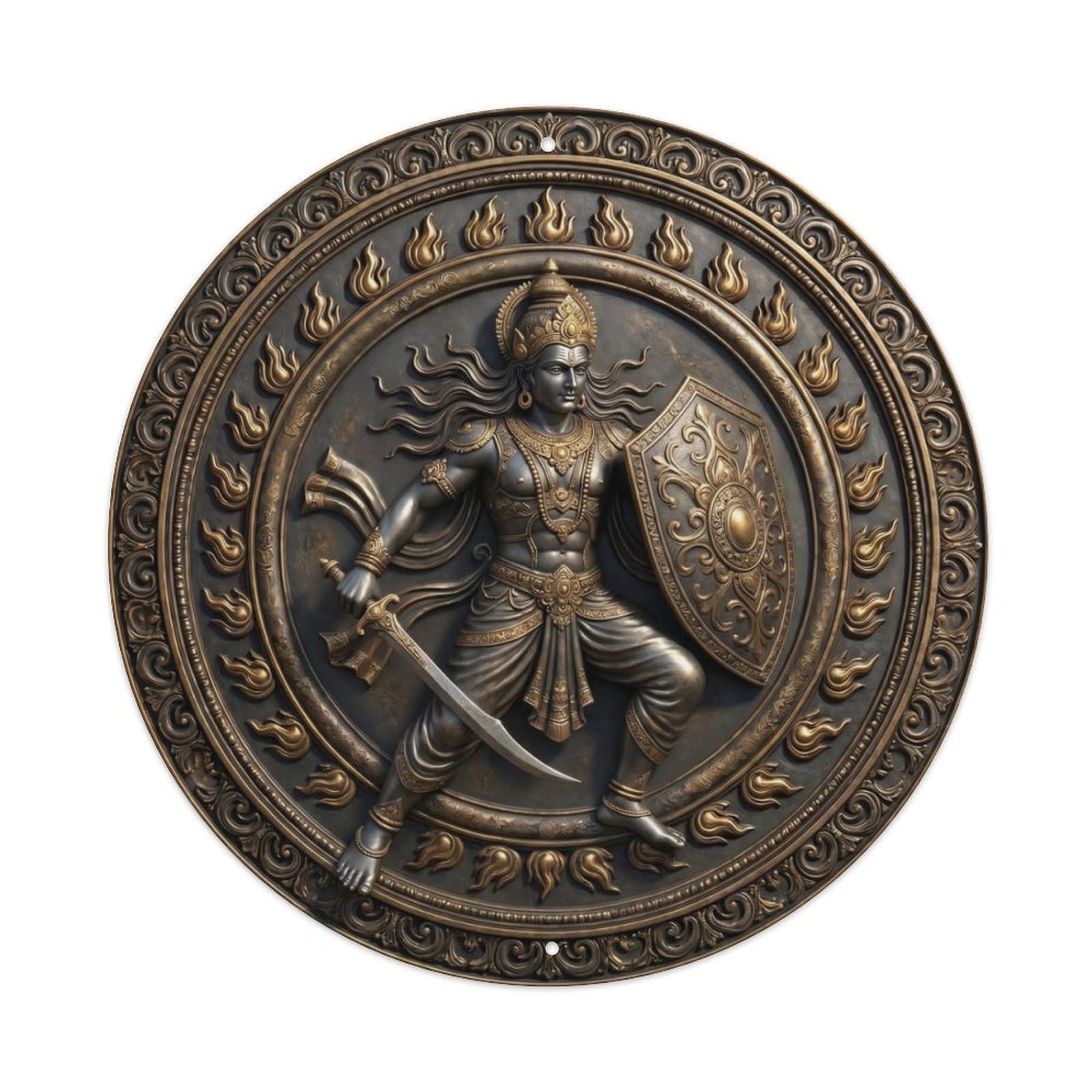 Fqcyn Style Hindu Deity Shiva Sword Shield Warrior Guardian Relief Sculpture Metal Tin Sign Plaque Wall Decor For Cafe, Club Bar, Office, Home Garden Round Metal Poster 8X8inch