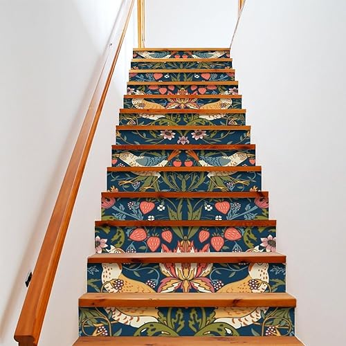 Calcomanías abstractas de William Morris para escaleras, decoración de escaleras, acuarela, vintage, floral, pájaro, decoración del hogar, 7.1