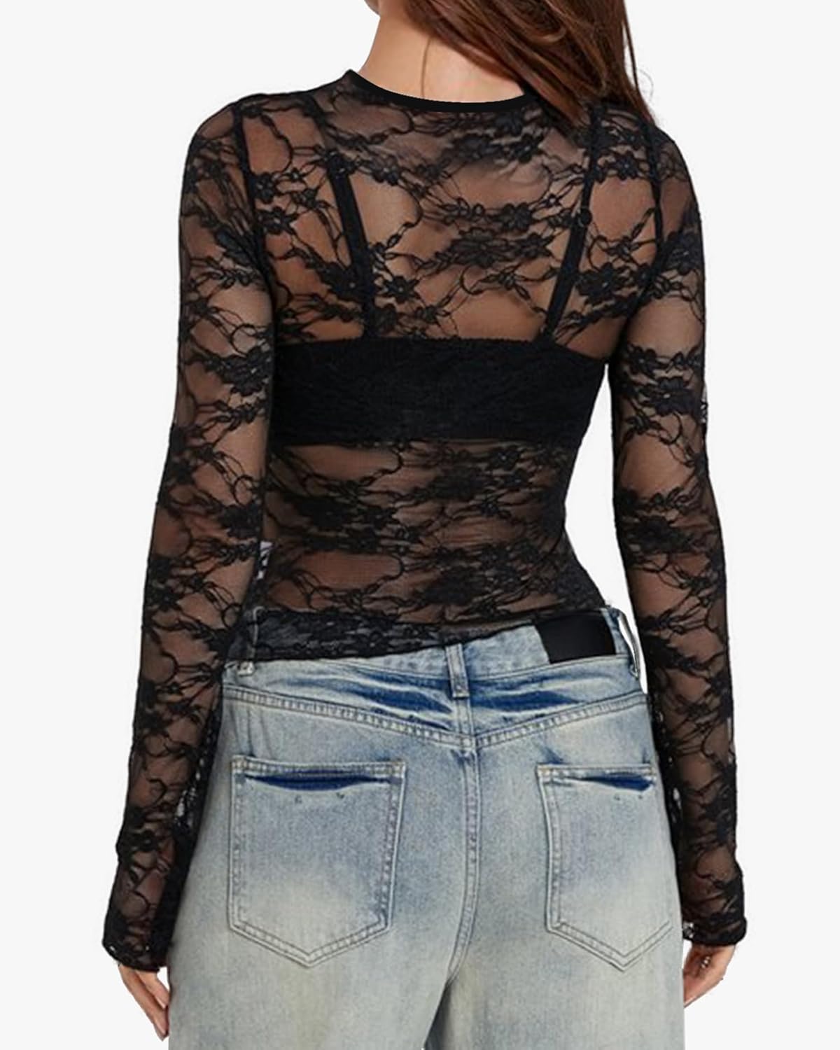 A AGROSTE Women's Mesh Long Sleeve Top Sexy See Through Lace Blouse with Floral Embroidery Y2K Sheer Crew Neck Shirt - Image 3