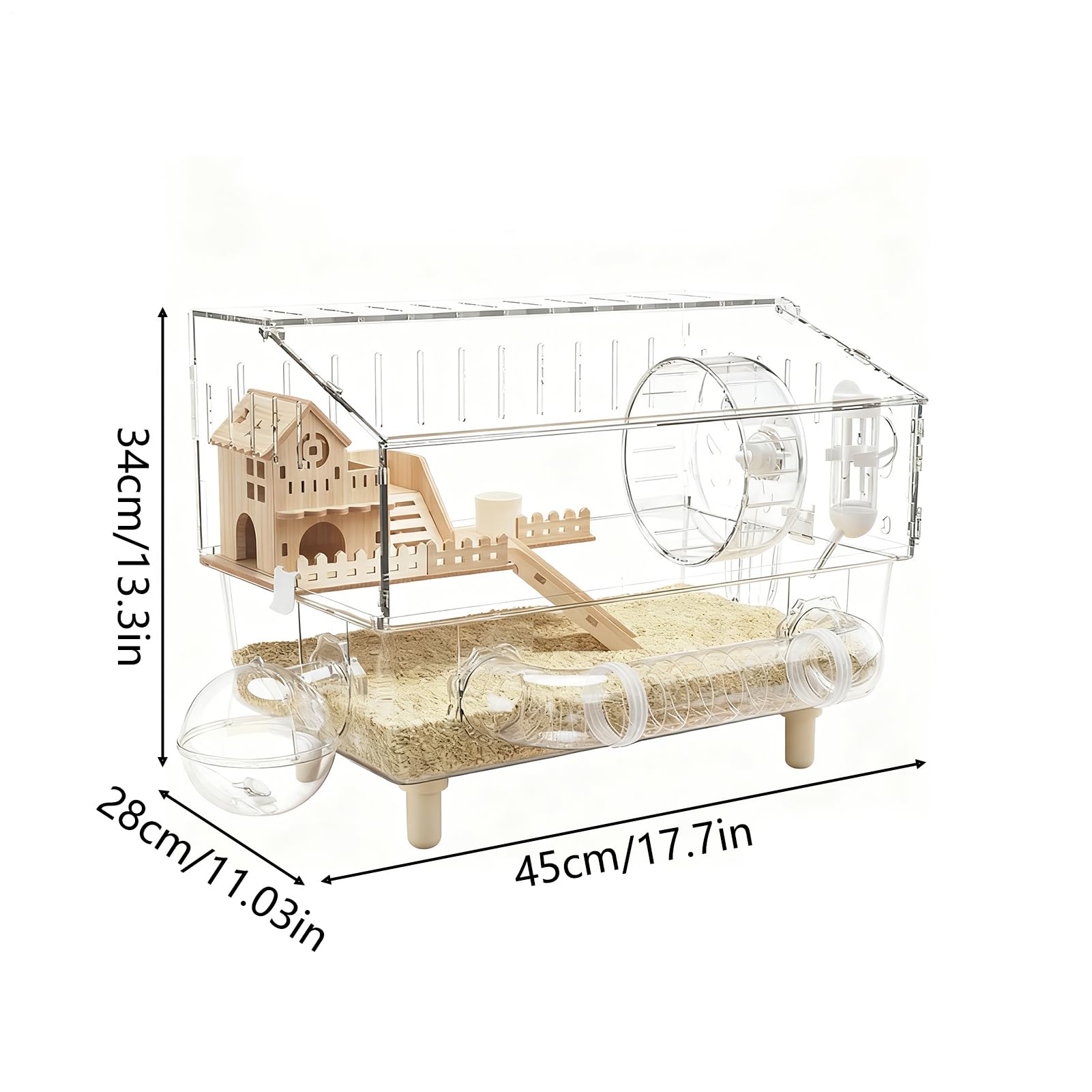 Jaula Grande para Hámster Hogar De Cría Transparente De 2 Niveles | Jaula para Hurón Acrílica de 45x28x34 centímetros Para Erizo Hurón Gerbo Chinchilla Mascotas Pequeñas Monitoreo